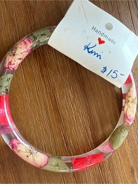 Handmade Floral Resin Bangle - Pink & Green